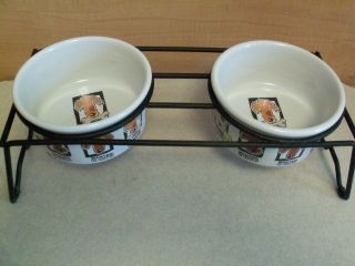 Mug Shots Dog Dual Pet Bowl Stand Set & 2 Medium Stoneware Bowls By 