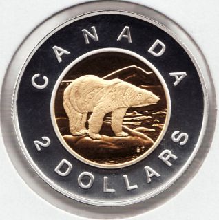 1999 Gold Plated Silver Coin   Frosted Proof $2 Toonie Polar Bear