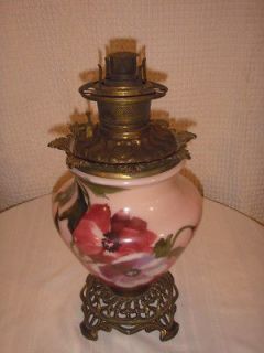 VINTAGE HAND PAINTED OIL LAMP BASE WITH BRASS CANISTER AND 