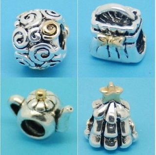   SOLID STERLING SILVER EUROPEAN BEAD CHARM W 14K GOLD PLATE   4 STYLES