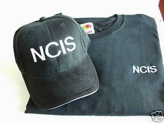 NCIS embroidered onto Black Cap & Black T Shirt size 2XL 47/49 inch 