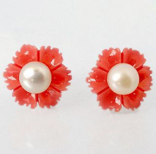 13cts PINK CORAL FLOWER PEARL 925 STERLING SILVER STUD HOLIDAY 