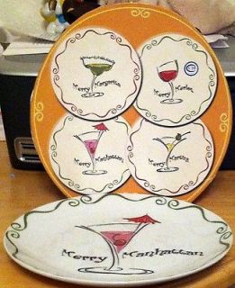 Set of 4 8 Porcelain Plates Christmas Merry Martini Merlot Margarita 