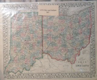 Original Hand Colored County Map of Ohio & Indiana   1870 Mitchell