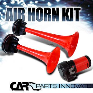 LOUD AIR HORN DUAL TRUMPET RED 115DB+COMPRESS​OR 12V SYSTEM (Fits 
