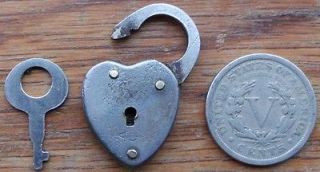 Antique Steel Heart Shape Miniature Padlock & Key Steel Body Brass 