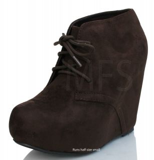 Brown Faux Suede Lace Up Platform Wedge Ankle Bootie Boot Pager