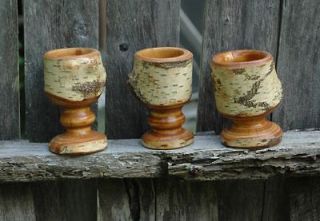 Set of 3 Lathe   Turned Birch Wood Shot Glasses 2  3 oz. Capacity