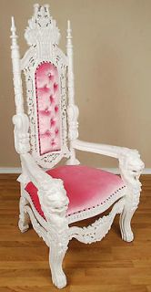   Mahogany Queen Lion Gothic Throne Chair White Paint with Pink Velvet