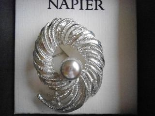  NAPIER TEXTURED SLIVER TONE SWERL BROOCH / PIN WITH FAUX GRAY PEARL