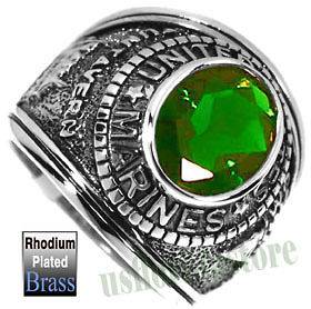 Mens Simulated Peridot Green US Marines Military Rhodium Plated Ring