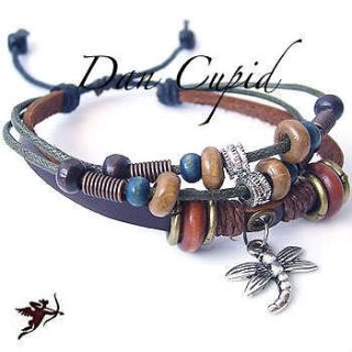 DRAGONFLY Ethnic leather hemp bracelet wristband wood handcraft