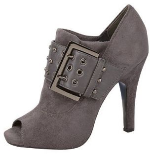 Womens Grey Ankle Boot Peep Toe Pump Faux Leather Buckle New