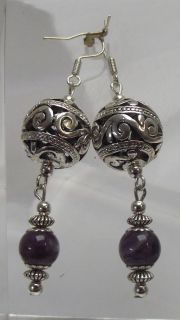 Long Pierced Amethyst & Tibetan Silver Earrings Jewel​lery (PB13 16)