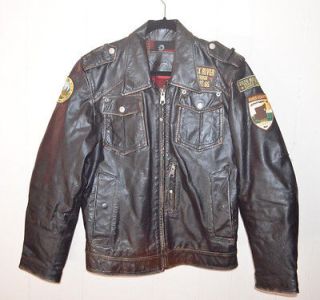 ENERGIE LEATHER JACKET MOTORCYCLE PLAID PATCHES BIKER DISTRESSED MENS 