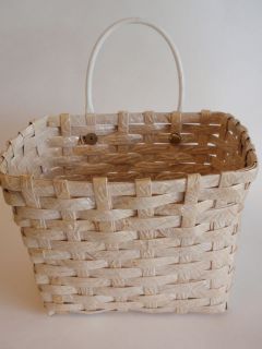 Vintage Plastic Covered Paper Wrapped Woven Split Reed Bicycle Basket 