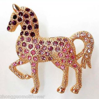   Stallion Steed Excellent Horse Purple Pink Crystal Pin Brooch BH7378