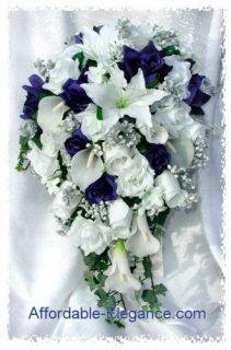 BLUE White CALLA LILY Lilies Roses BRIDAL Cascade BOUQUET Silk Wedding 