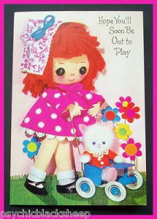 VINTAGE Rag Doll GIRL w/ CAT In STROLLER Religious GET WELL Coloring 