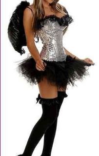   Dark Silver Fallen Angel Xmas fancy dress corset tutu & feather wings
