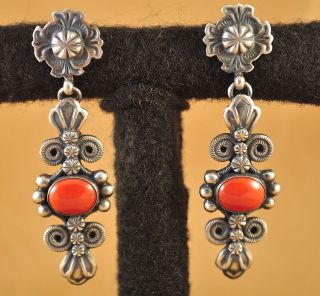   Cadman Sterling Silver Deep Red Coral Old Style Navajo Dangle Earrings