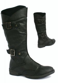   FAUX LEATHER LOW HEEL BUCKLE KNIT ZIP MID CALF RIDING BIKER BOOTS 3 8