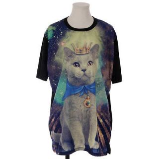King Cat Loose Fit Long T shirt Blue   Graphic Womens Tees Unisex 