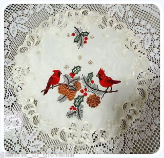 CHARMING CARDINALS Lace 11 Doily Christmas Winter Pine cone Holiday 