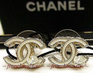   CHANEL 2012 Fall Gold White Enamel CC Logo Camellia Pierced Earrings