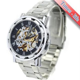 New Stainless Steel Tone Band Automatic Mens Watch Black Skeleton 