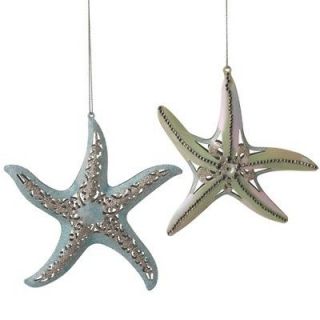Coastal Jeweled Starfish Blue and Iridescent White Holiday Ornaments 