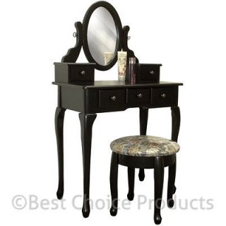 Vanity Table Jewelry Makeup Desk Bench Drawer Black Solid Wood 