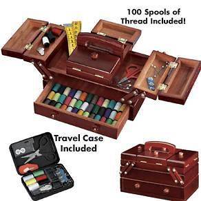   kit Wood Wooden SEWING BOX Storage chest Organizer tote gift set