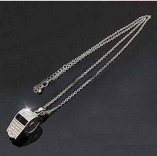 Pro Full Rhinestone Silver Tone Whistle Long Chain Pendant Necklace 