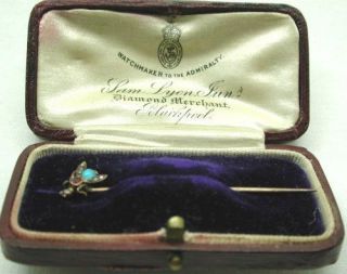   EDWARDIAN GOLD DIAMOND RUBY AND OPAL INSECT STICK PIN IN ORIGINAL BOX