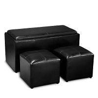 Faux Leather Storage Bench w/ Tray & 2 Side Ottoman Footrest Fully 