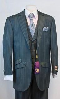   Eden 3 Pc Suit with Vest Charcoal Gray Wide Leg Pin Stripe. DE100