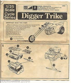 Vintage 1970s MPC Digger Trike Motorcycle Model Kit Instructions Rare