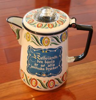 Vintage Hand Painted Enamel Coffee Pot Sweden 8 Cup