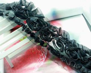 4yard black fold 3D flower venise lace fabric trim DIY sewing wedding 