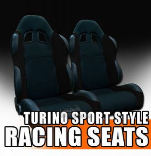 2x Universal Black Fabric & PVC Leather Sport Racing Bucket Seats 