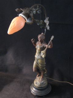 VICTORIAN (metal) LADY FIGURAL TABLE LAMP (SIGNED) MOREAU, PASTORALE 
