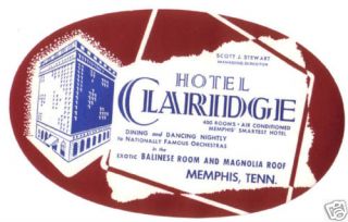 MEMPHIS TENNESSEE HOTEL CLARIDGE VINTAGE LUGGAGE LABEL
