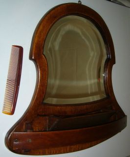 ANTIQUE BEVELED GLASS SHAVING MIRROR W/ COMB TRAY BOX AND BENT WOOD 