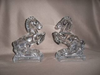 Vintage Clear Glass Rearing Horse Bookends