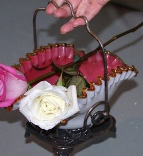 Beautiful Victorian Bride Basket Cranberry Amber Trim & Meriden 