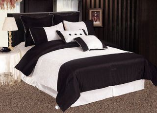8pc White+Black Pleats Comforter Set Bed In A Bag Queen