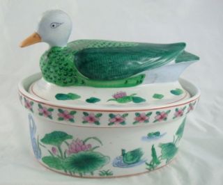 Vintage Chinese Green White Floral Duck Ceramic Lidded Container