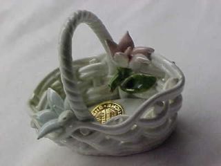 Capodimonte Blue Iris in Oval Basket With Handle Used