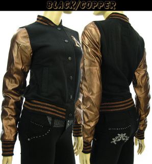 Womens TWO TONED Faux Leather Sleeves Baseball Jacket Letterman Black 